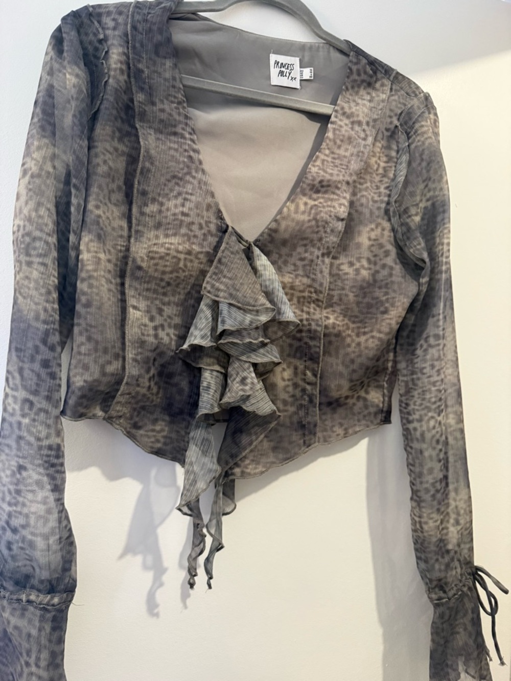 Princess Polly Gray Sheer Ruffle V-Neck Blouse